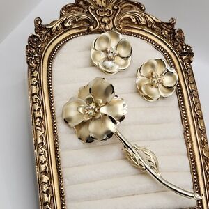 Vintage Flower Brooch‎ and Clip On Earrings Set Rhinestone MCM Garden Party